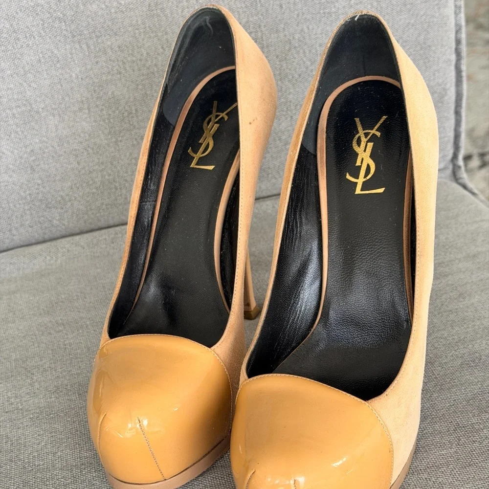 YSL Women's Tan Suede & Patent Leather High Heel Pumps